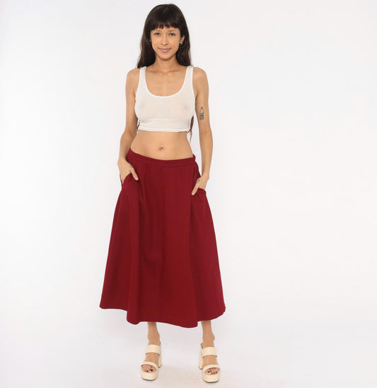 80s Koret Burgundy Wool Midi Skirt A-Line High Waist Large L