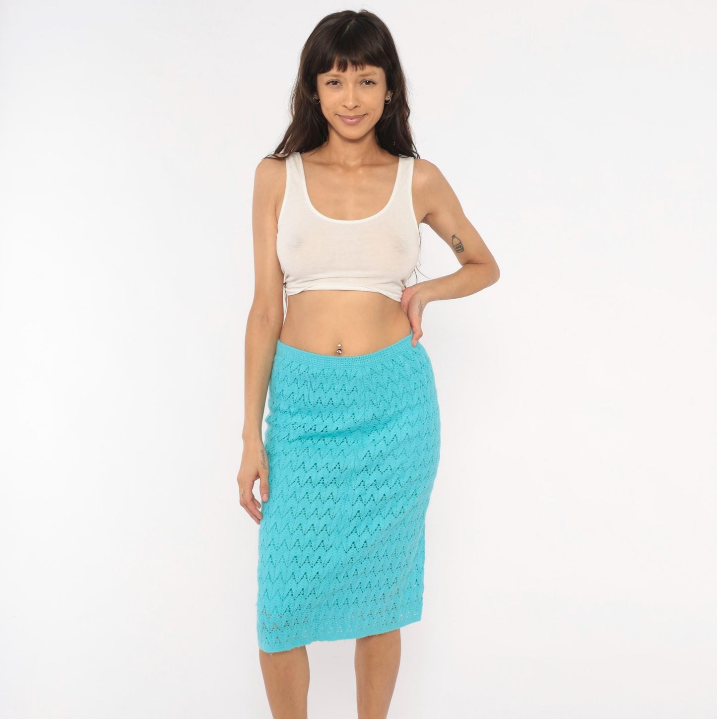 70s Aqua Crochet Pencil Skirt Chevron Knit Midi Knee-Length Small