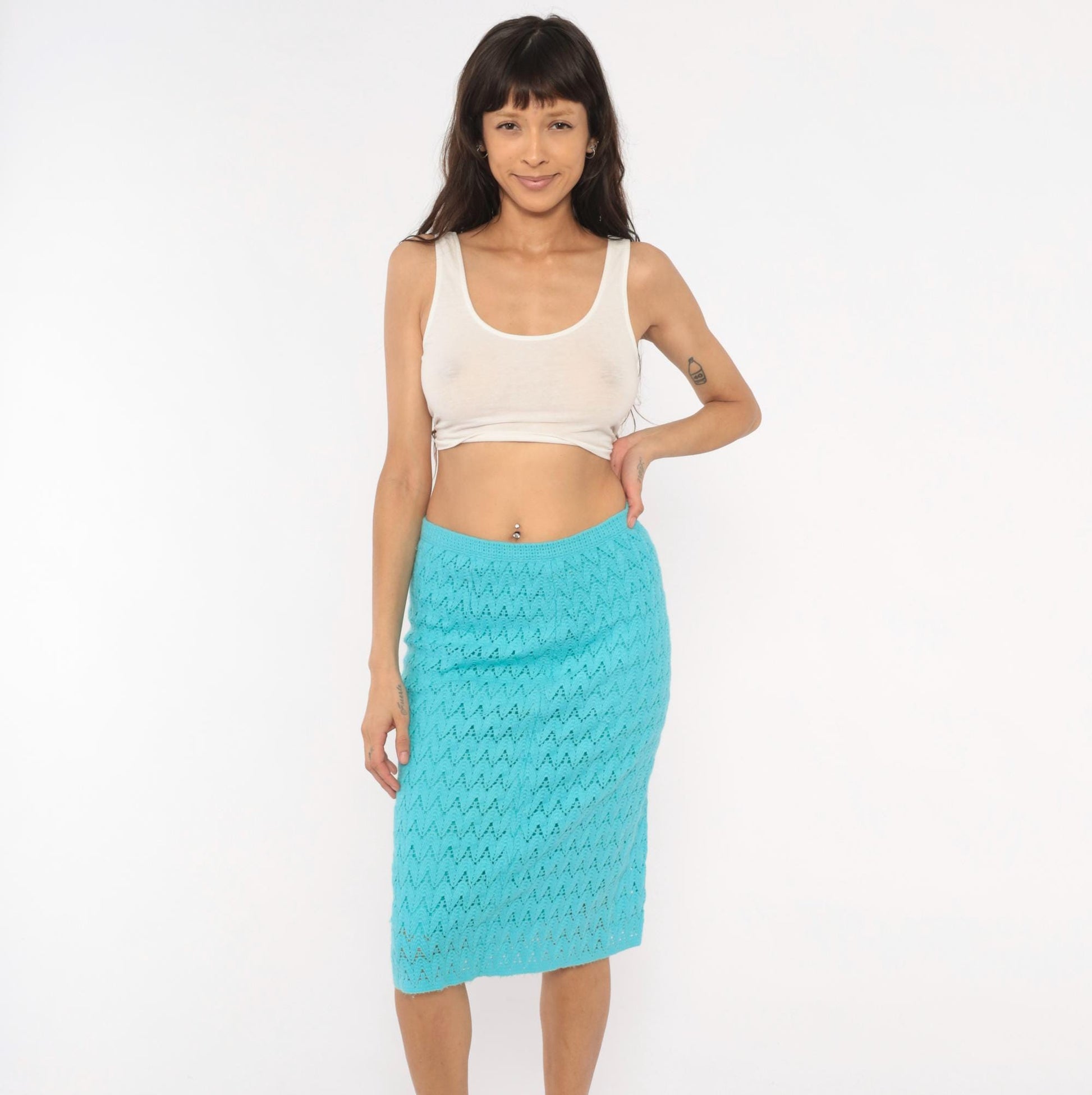 70s Aqua Crochet Pencil Skirt Chevron Knit Midi Knee-Length Small