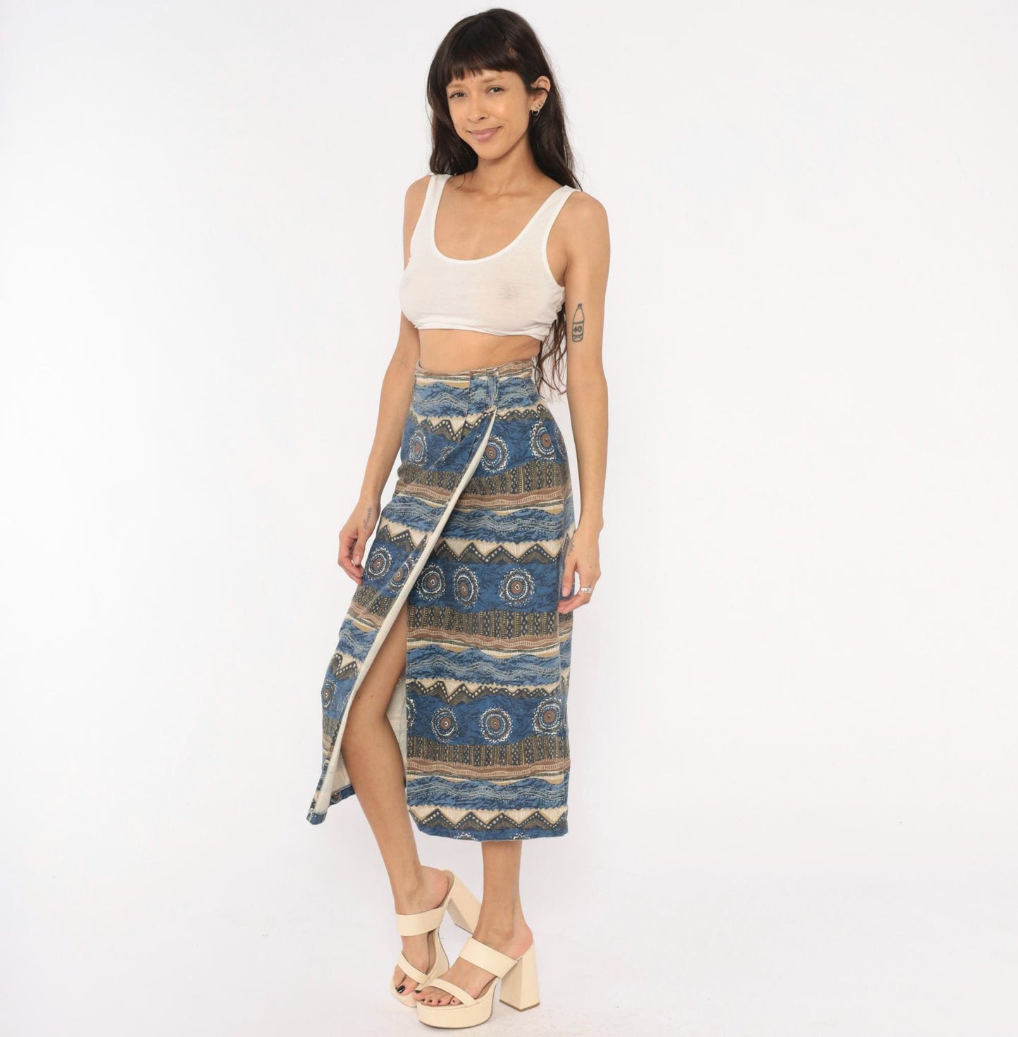 90s Southwestern Tribal Midi Skirt Blue Cream Cotton High Waist Wrap Small