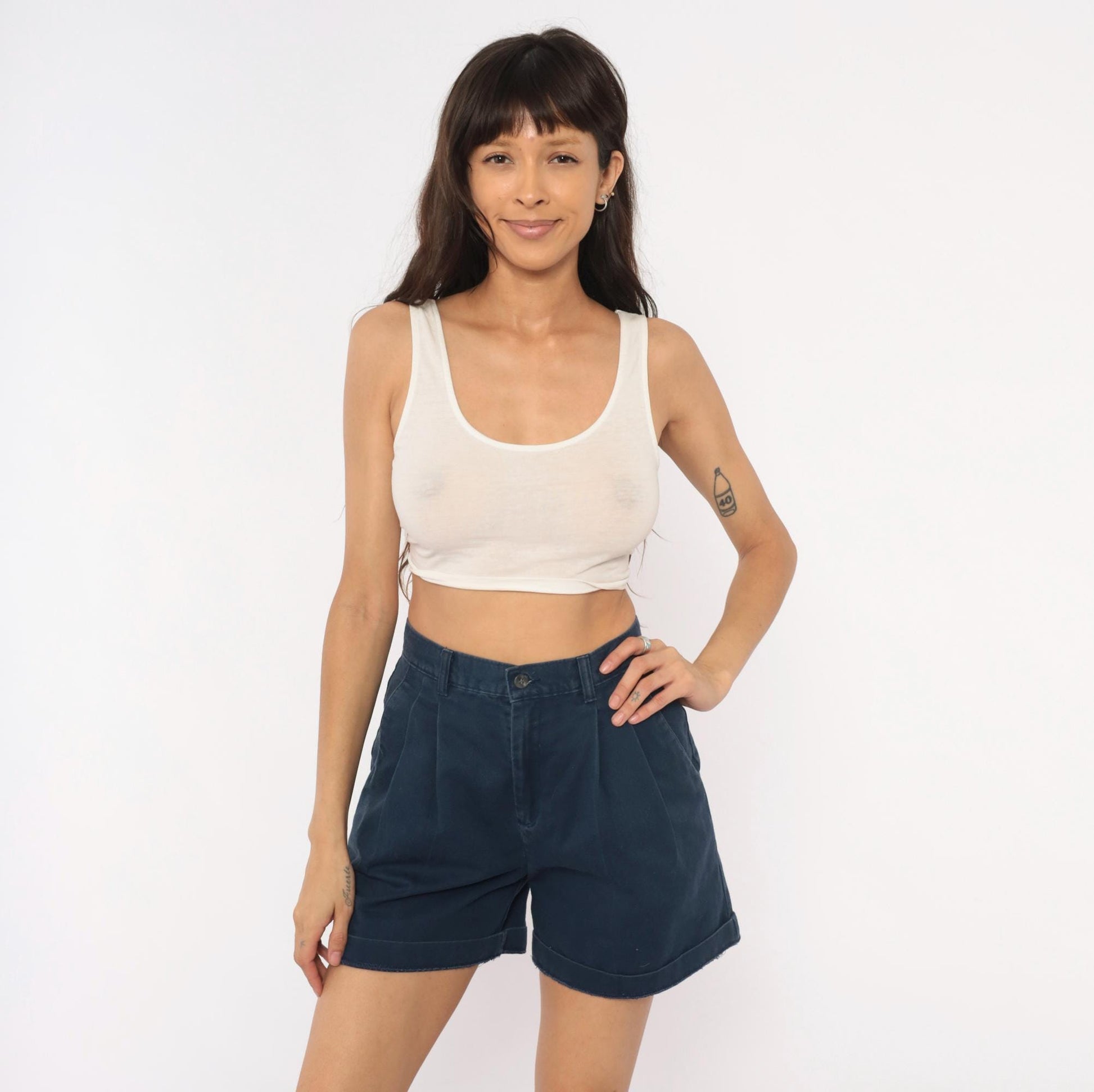 90s Lee Casuals Navy Pleated High-Waisted Shorts Cotton Cuffed Small