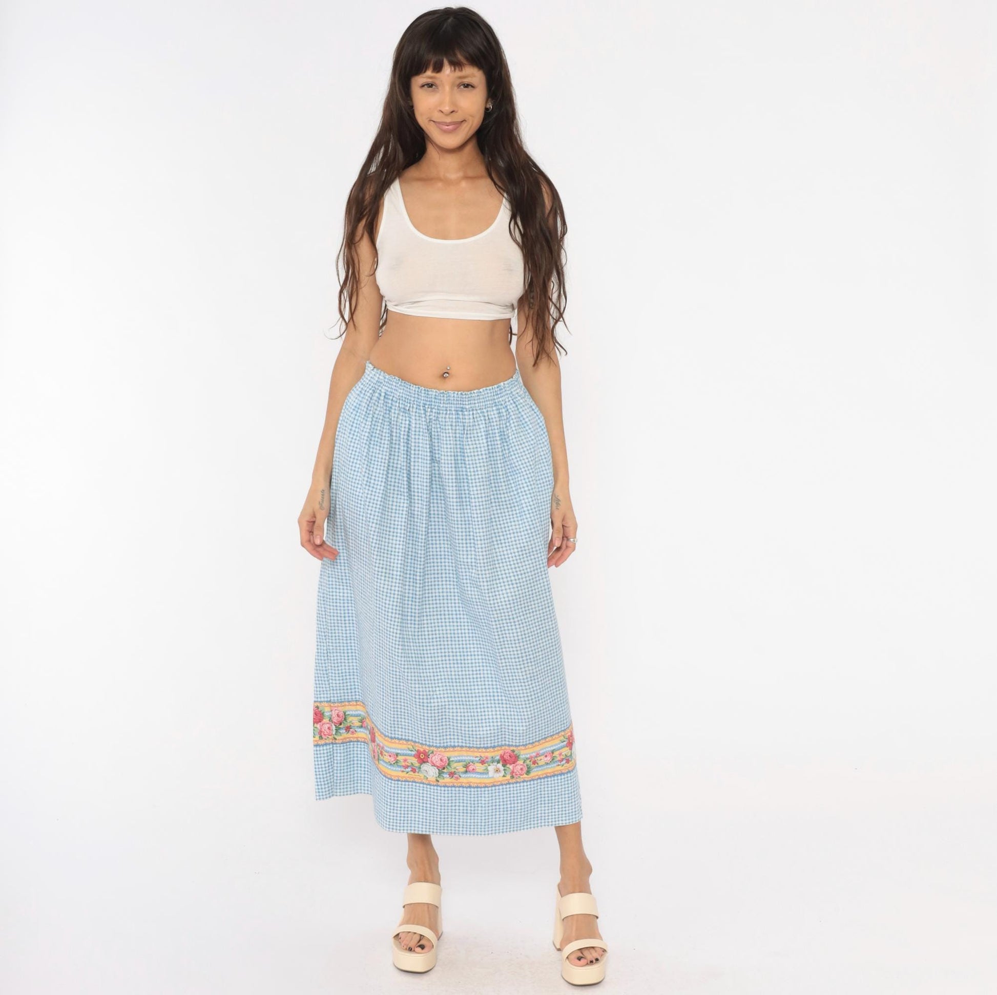 80s Vera Bradley Gingham Cotton Maxi Skirt Blue White Floral Border Small Medium