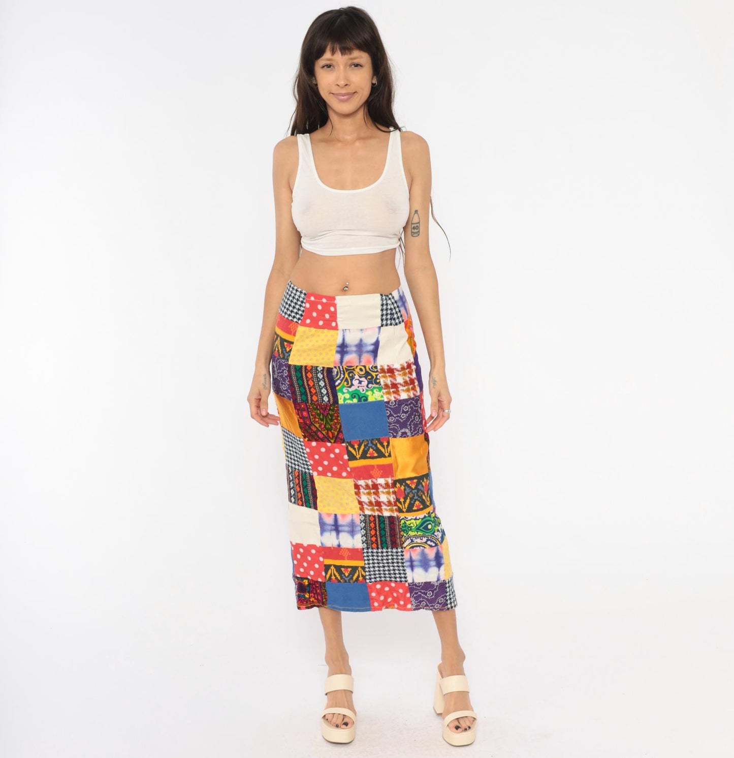 70s Patchwork Midi Skirt Quilted Multicolor High Waist Pencil Small