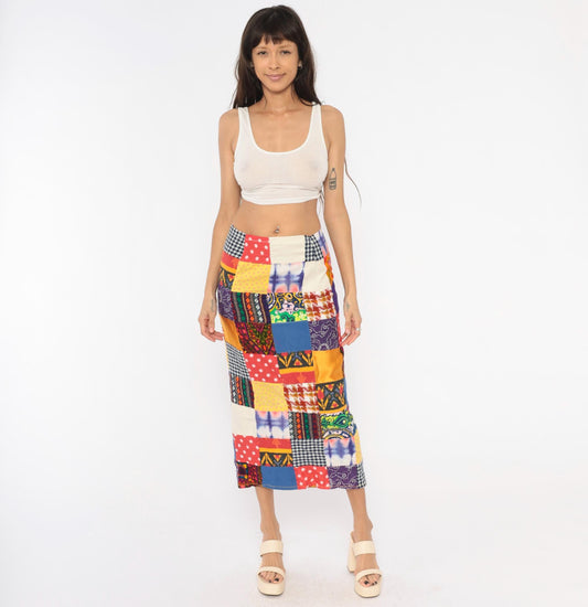 70s Patchwork Midi Skirt Quilted Multicolor High Waist Pencil Small