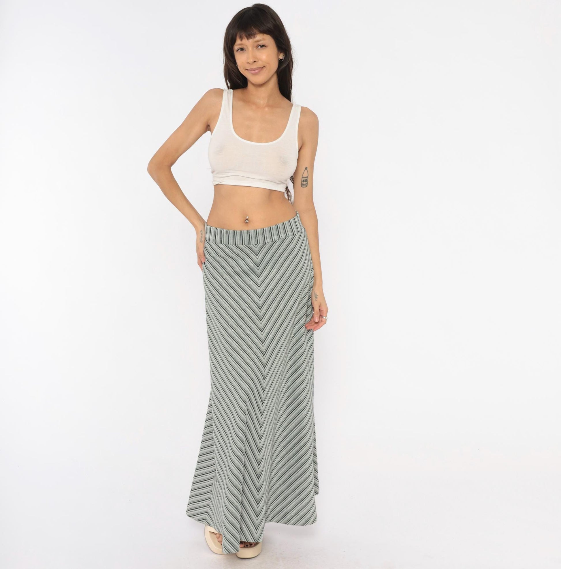 70s Grey Black Chevron Striped Maxi Skirt Herringbone A-Line Medium