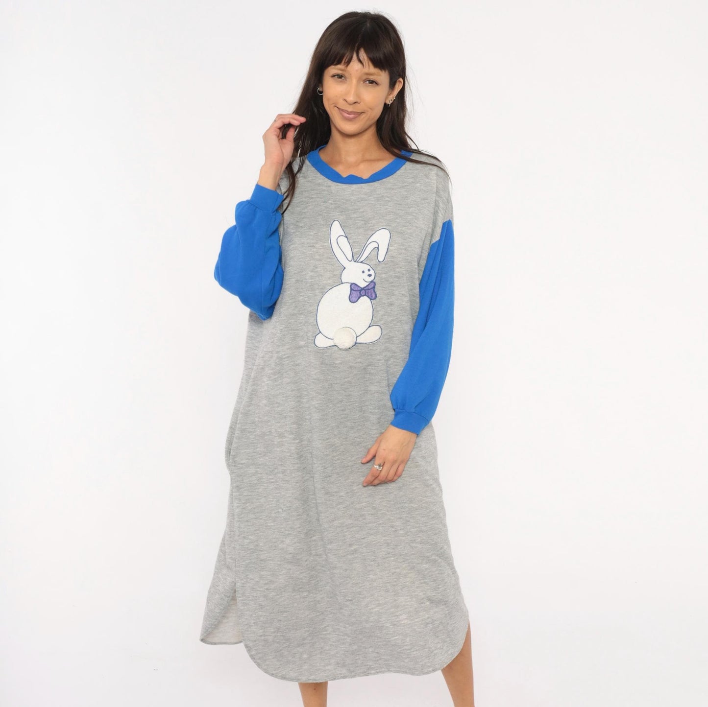 80s Kimberly Laine Bunny Applique Nightgown Grey Blue Colorblock Midi Large L