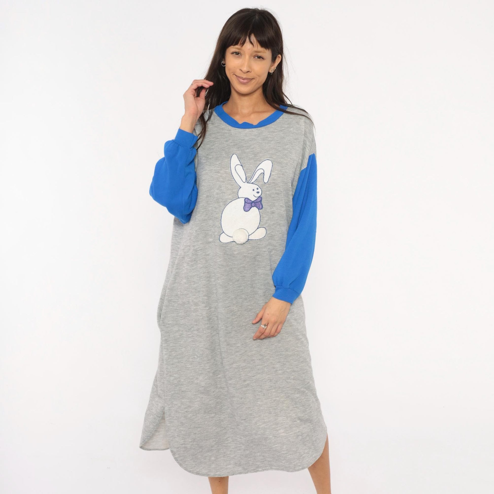 80s Kimberly Laine Bunny Applique Nightgown Grey Blue Colorblock Midi Large L