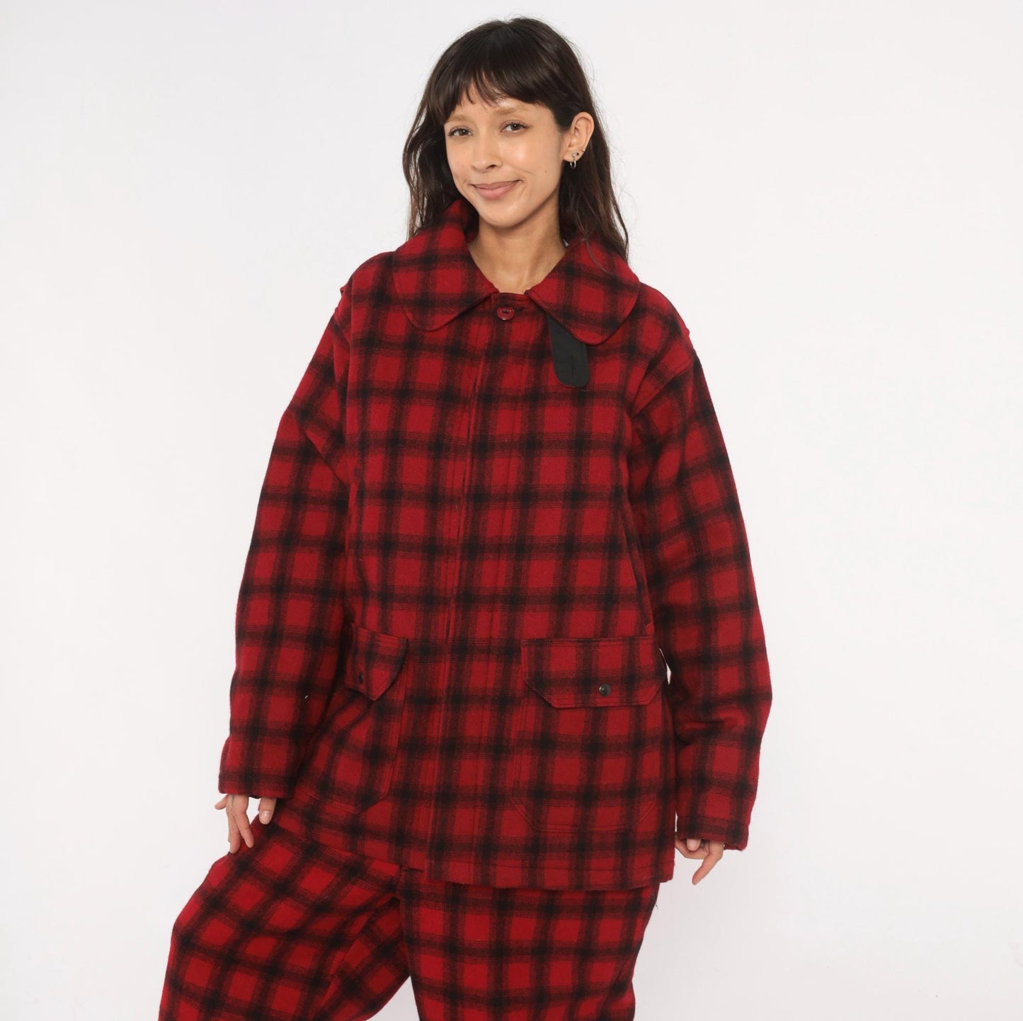 80s Woolrich Buffalo Plaid Wool Hunting Jacket Black Red Peter Pan Collar Large L