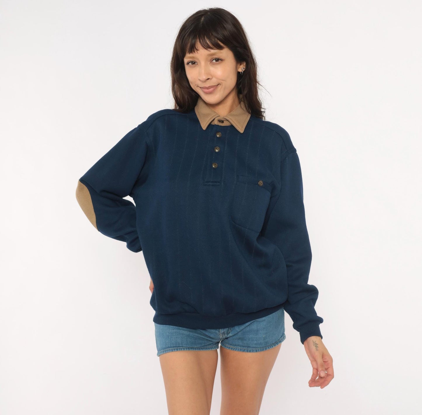 90s Scandia Woods Navy Polo Sweater Tan Elbow Patches Henley Medium M