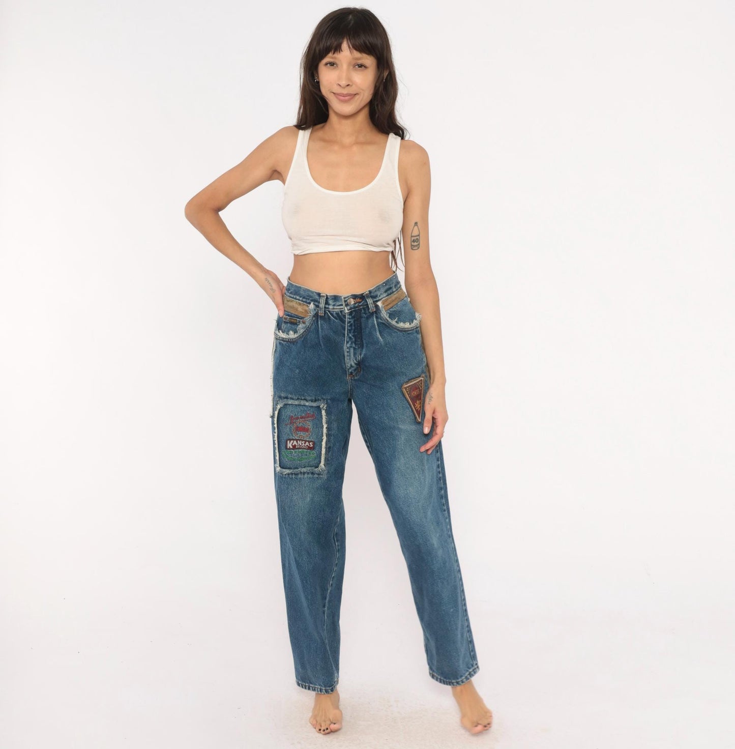 90s Kansas Brand Patchwork Denim Jeans High-Waisted Tapered Blue Suede Trim Small
