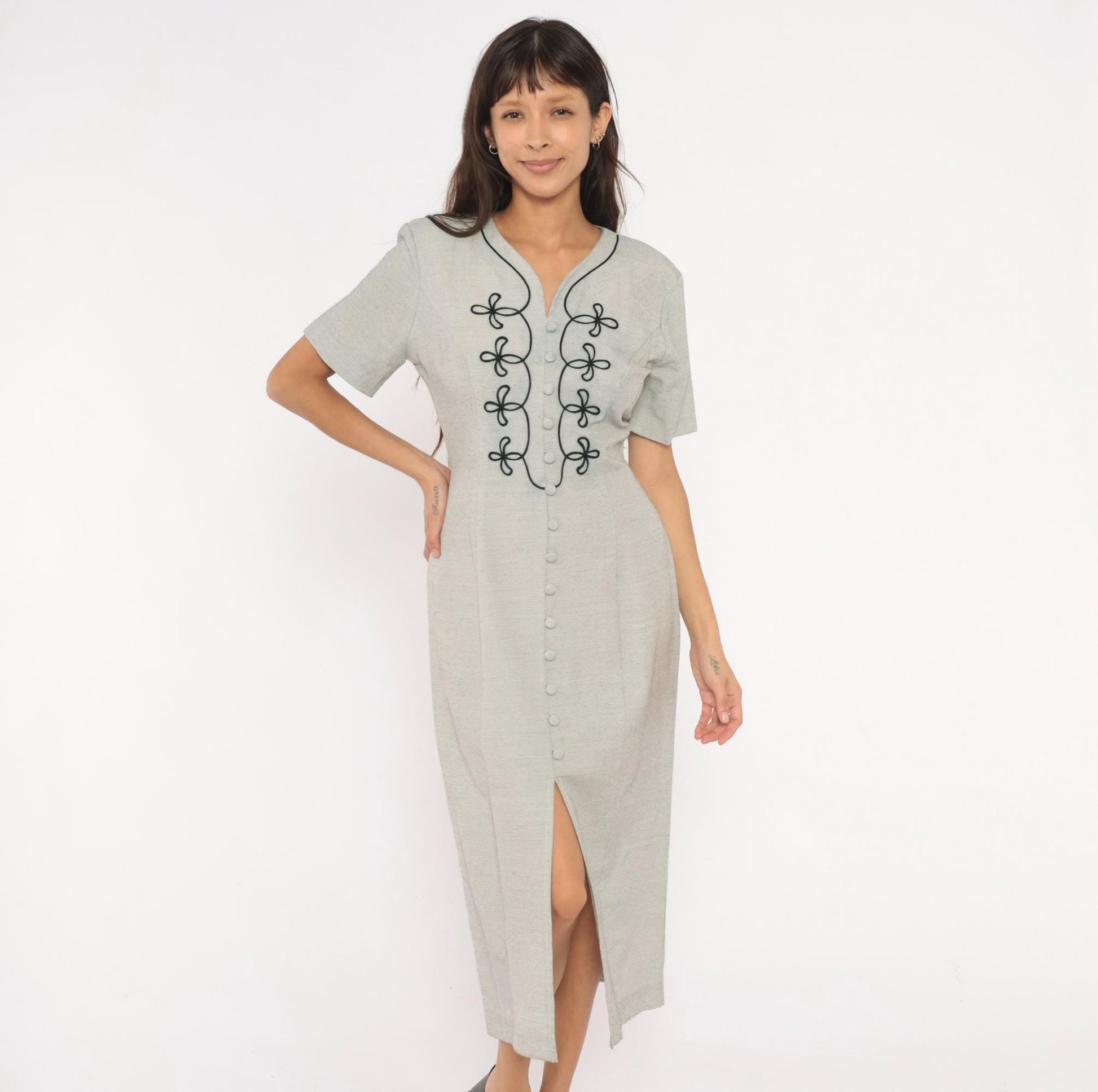 90s DJI Grey Midi Dress Soutache Embroidered Button Front V Neck Medium M