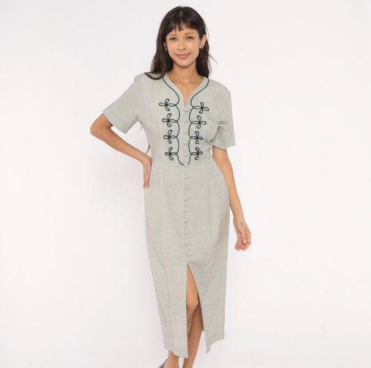 90s DJI Grey Midi Dress Soutache Embroidered Button Front V Neck Medium M