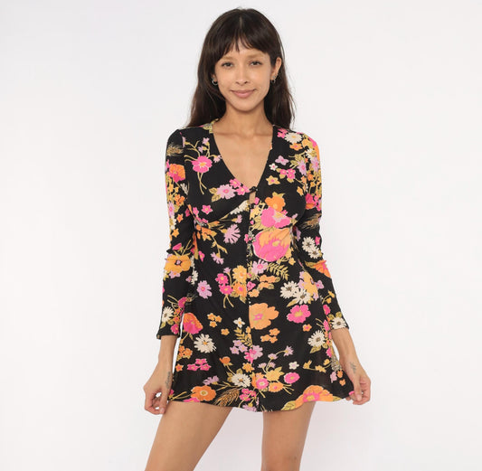 70s The Company Floral Mini Dress Black Pink Orange V-Neck Long Sleeve Small