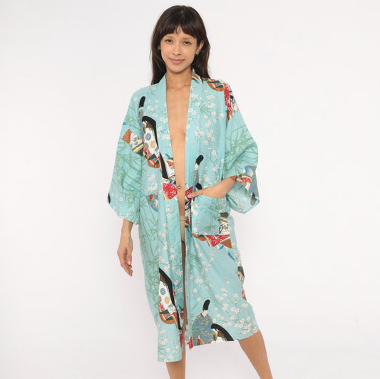 70s Hayashi Kimono Robe Blue Cotton Ukiyo-e Geisha Print Knee-Length Small