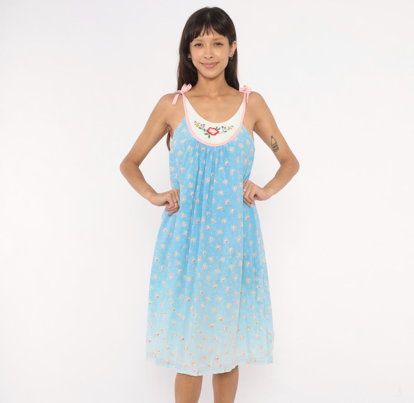 80s Baby Blue Floral Embroidered Nightgown Cotton Tie Shoulder Small