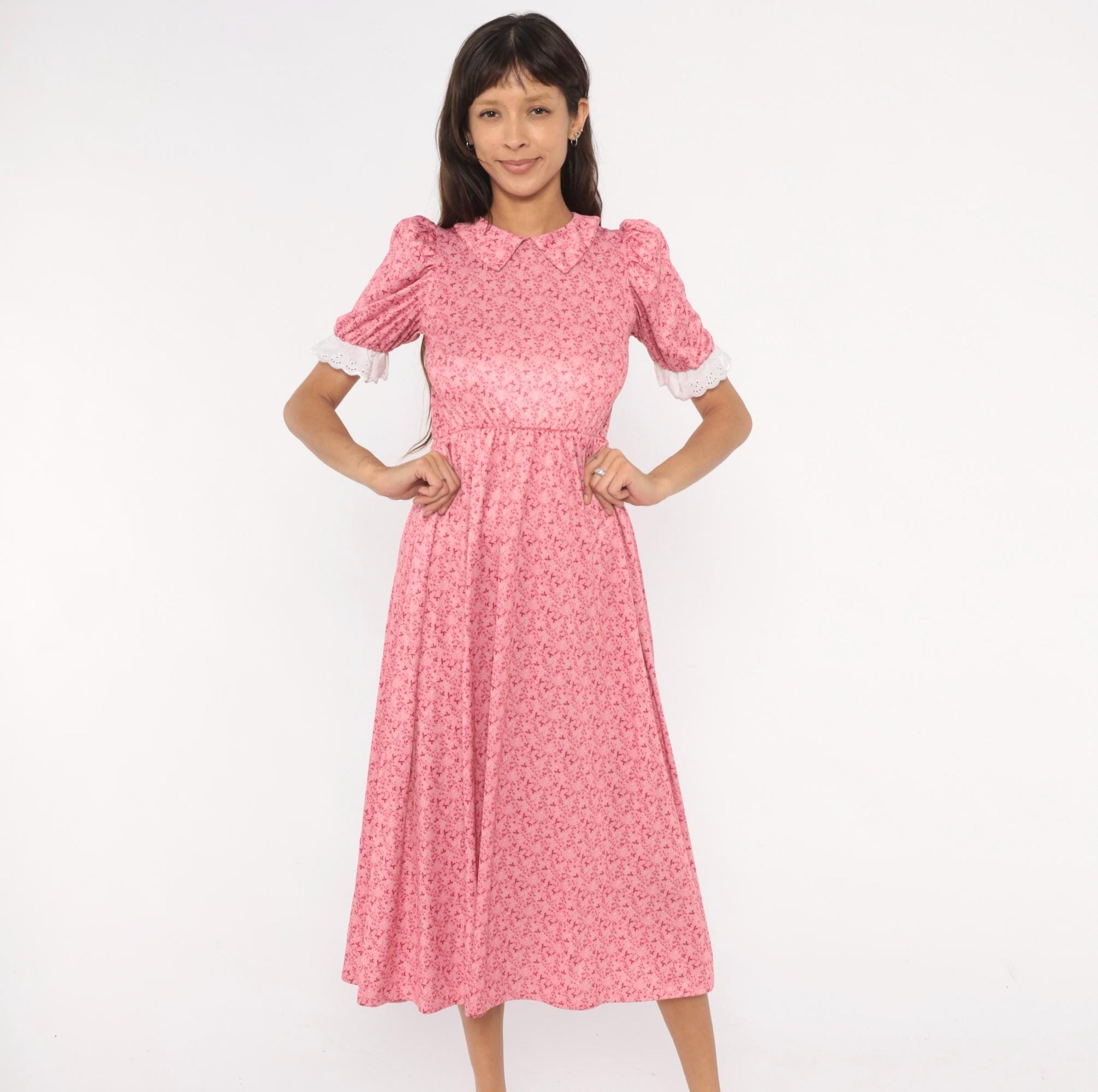 Y2K Pink Floral Midi Dress Puff Sleeve Peter Pan Collar Eyelet Lace Small S