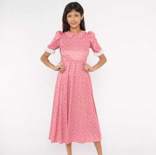 Y2K Pink Floral Midi Dress Puff Sleeve Peter Pan Collar Eyelet Lace Small S