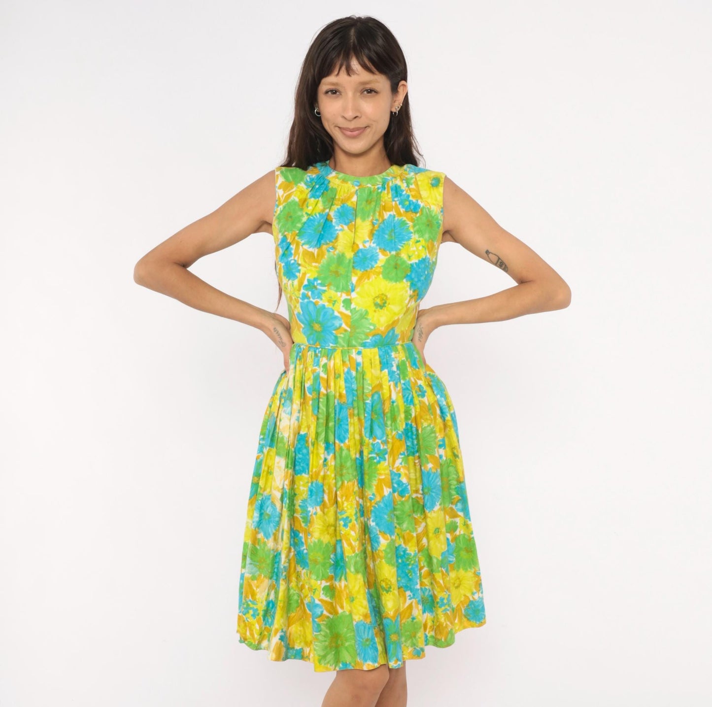 60s Floral Fit-and-Flare Sundress Daisy Print Yellow Green Blue Cotton XS