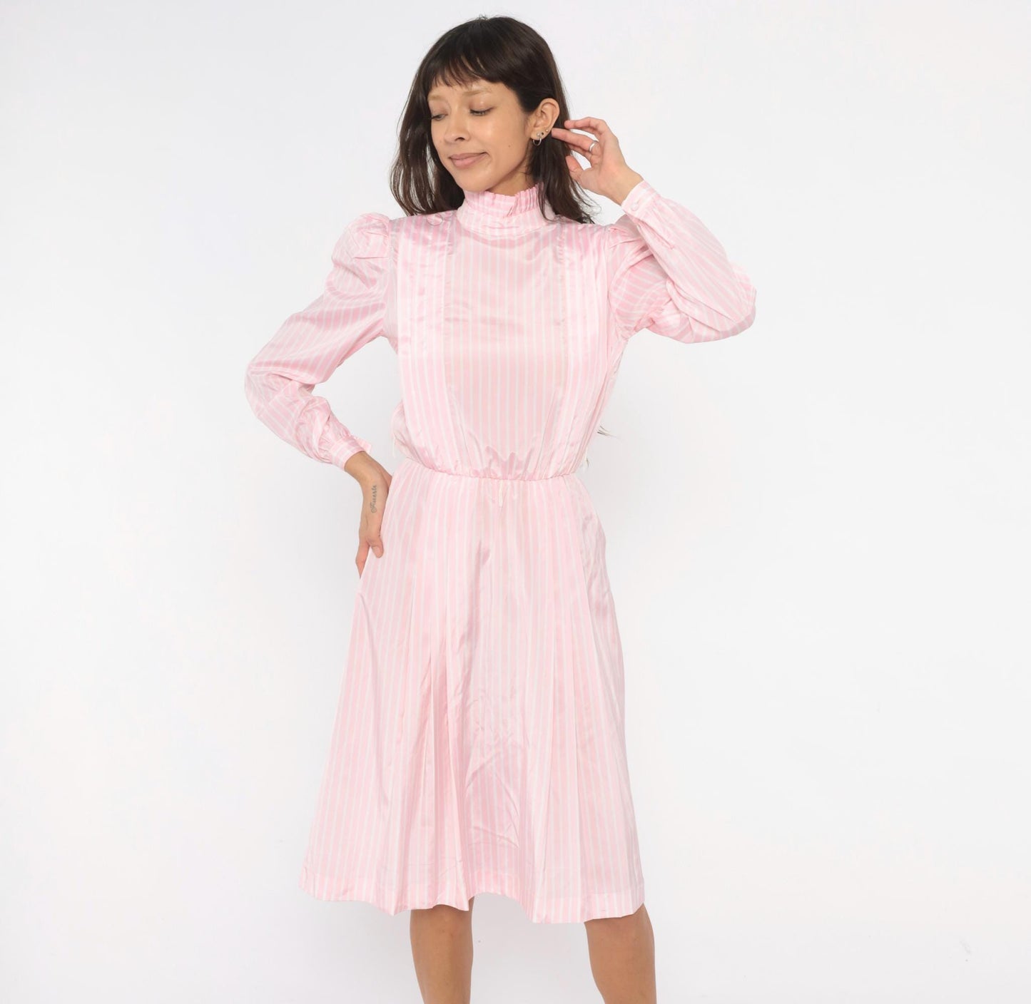 80s Jennifer Pink White Striped Dress Puff Sleeve Mock Neck Small