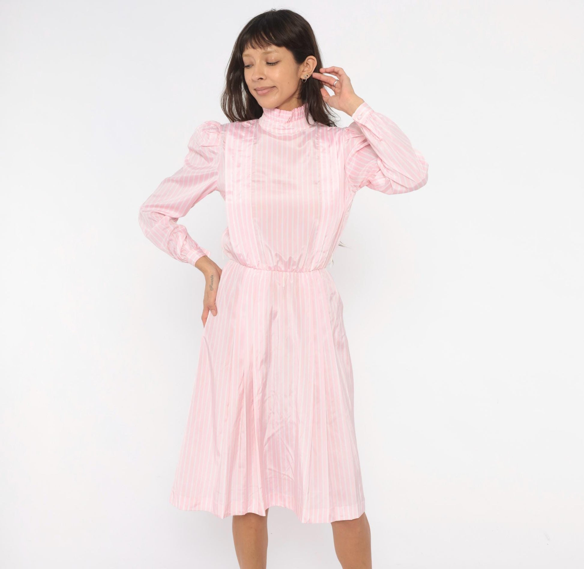 80s Jennifer Pink White Striped Dress Puff Sleeve Mock Neck Small