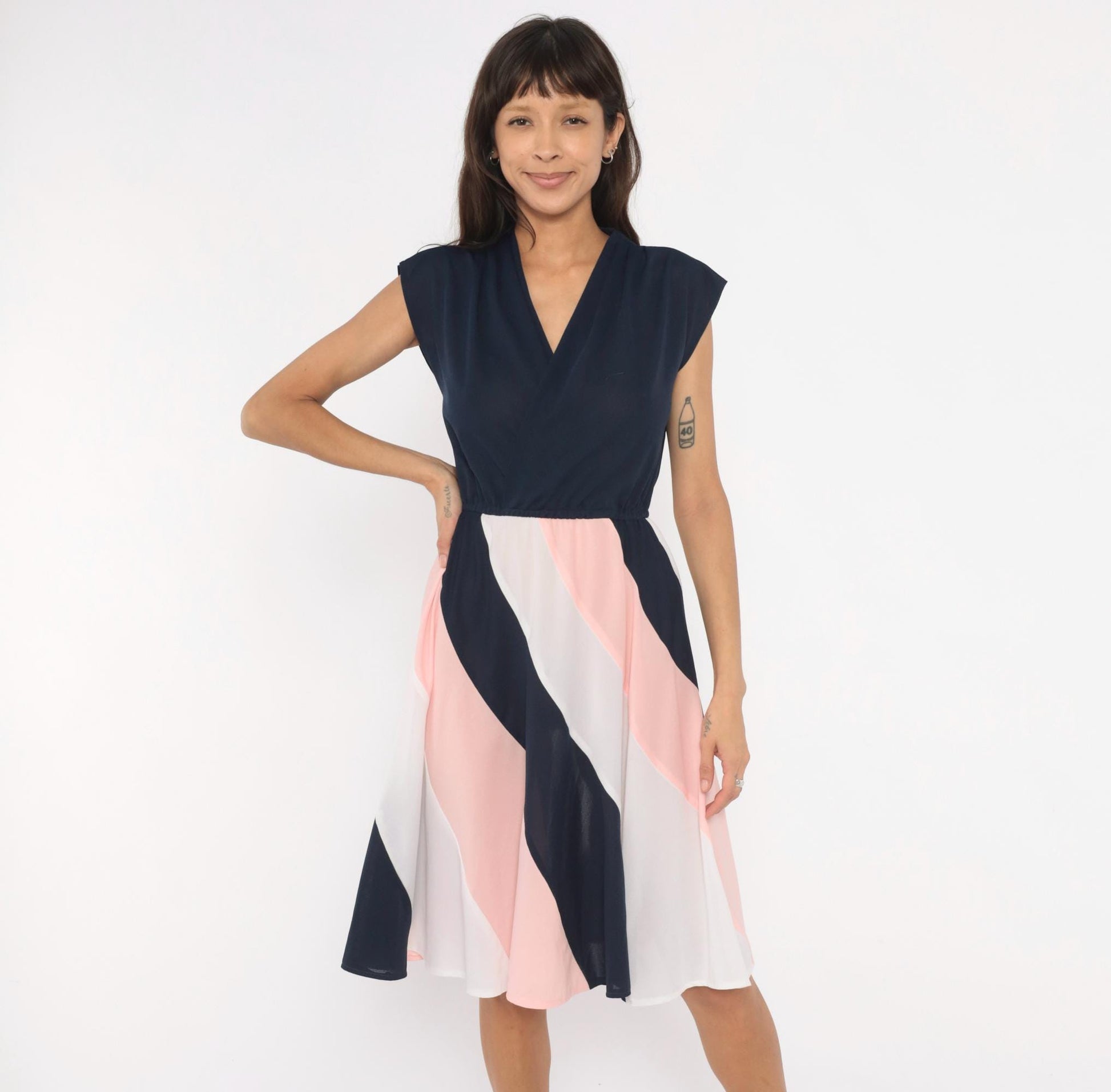 70s Navy Colorblock Sundress Pink White Diagonal Stripe Knee-Length Medium