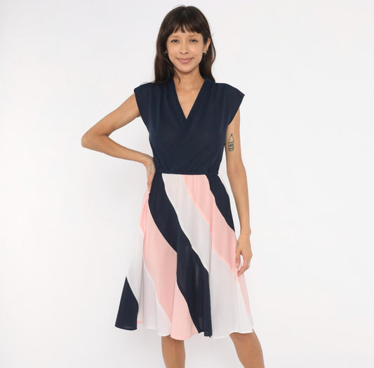 70s Navy Colorblock Sundress Pink White Diagonal Stripe Knee-Length Medium