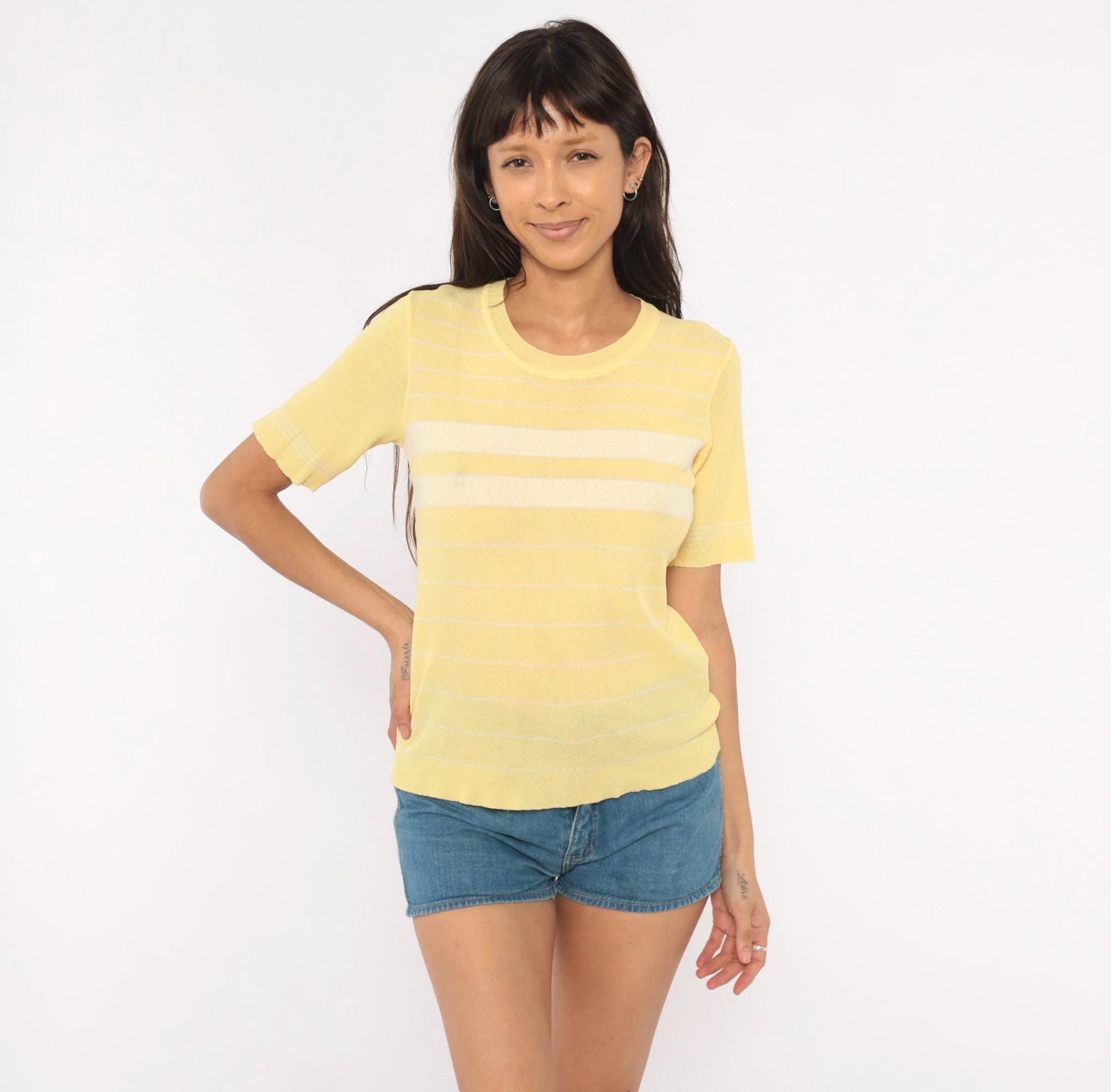 70s Ronfinne Striped Knit Top Yellow White Crew Neck Short Sleeve Small Medium