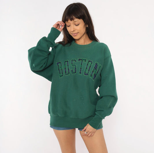 90s Boston Crewneck Sweatshirt Plaid Applique Forest Green Extra Large XL