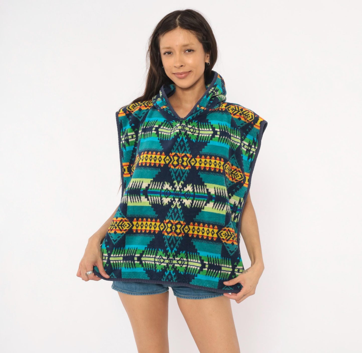90s Pendleton Hooded Poncho Southwestern Geometric Print Cotton Small Medium
