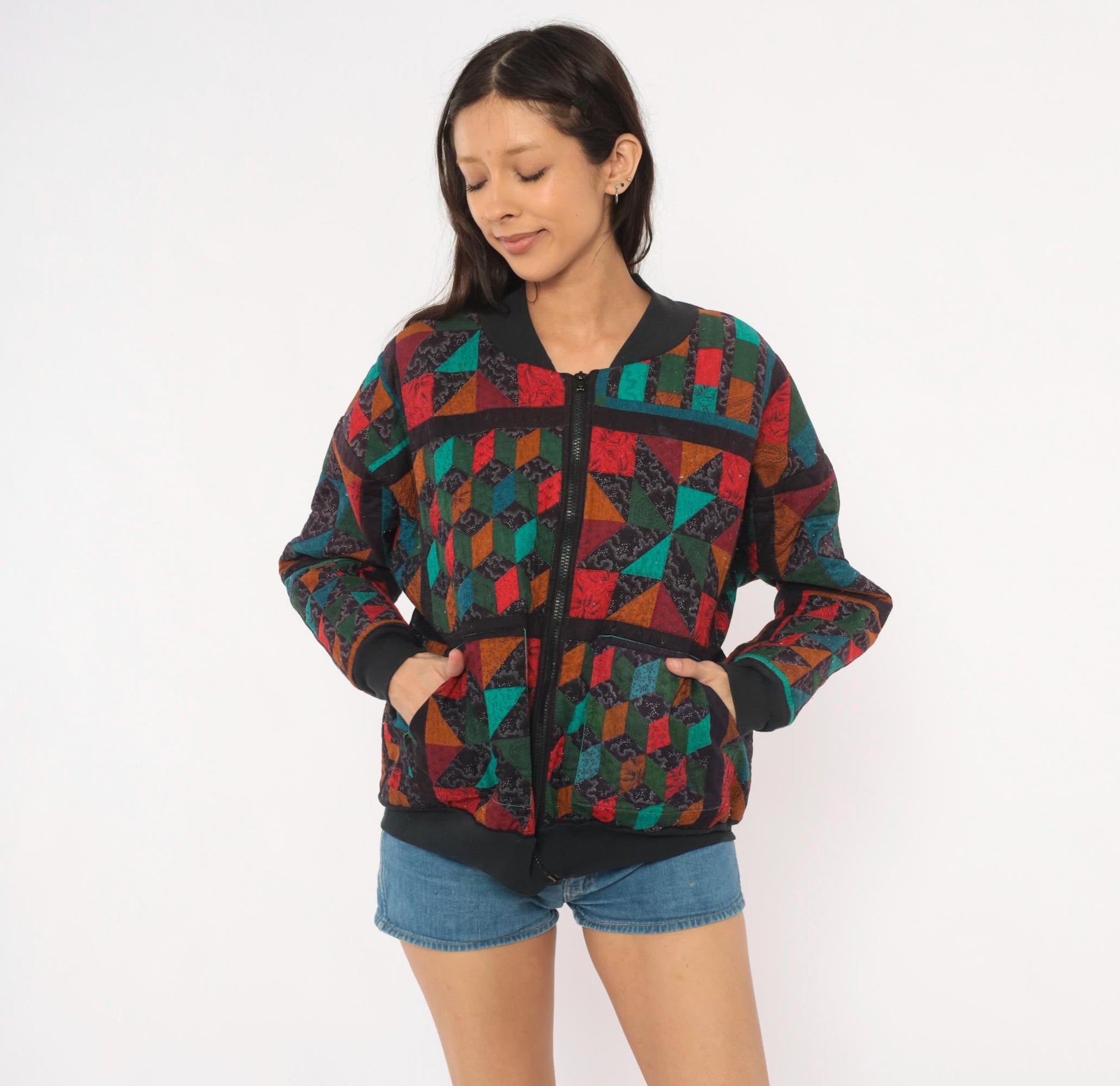 90s Quilted Patchwork Bomber Jacket Geometric Star Block Cotton Multicolor Large L