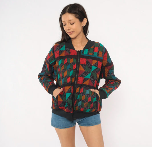 90s Quilted Patchwork Bomber Jacket Geometric Star Block Cotton Multicolor Large L