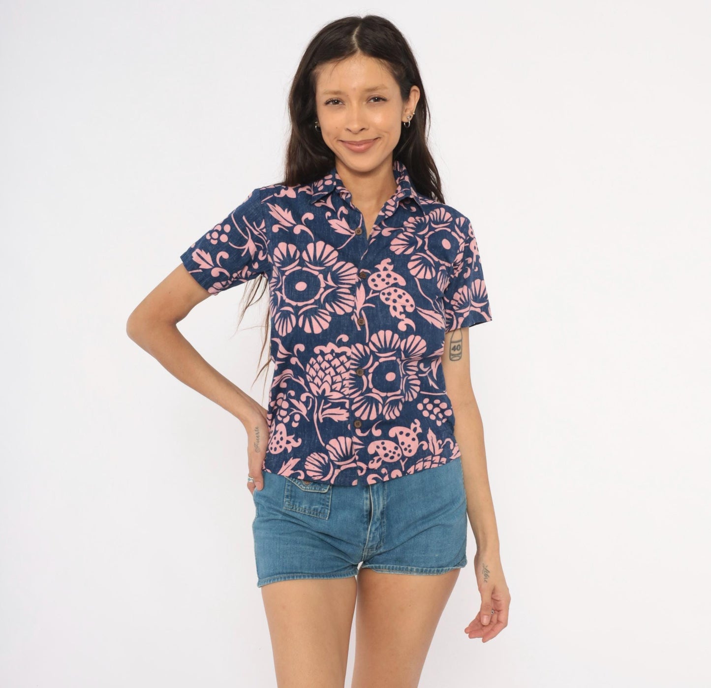 2000s Kahala Hawaiian Floral Shirt Cobalt Blue Pink Cotton XS