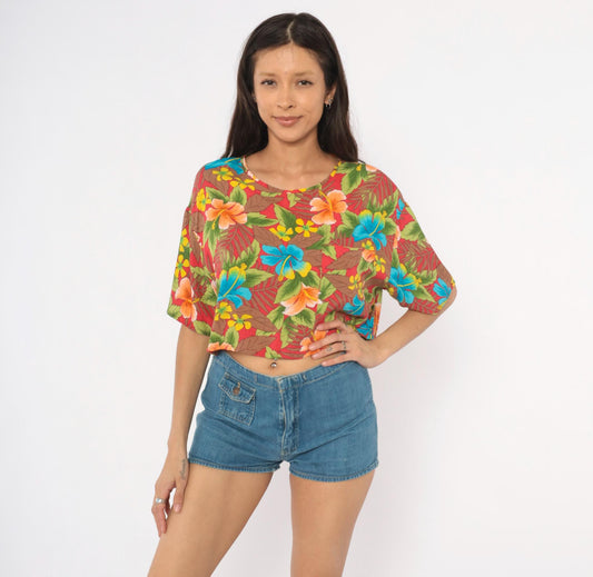 90s California Krush Tropical Hibiscus Crop Top Red Blue Green Medium M