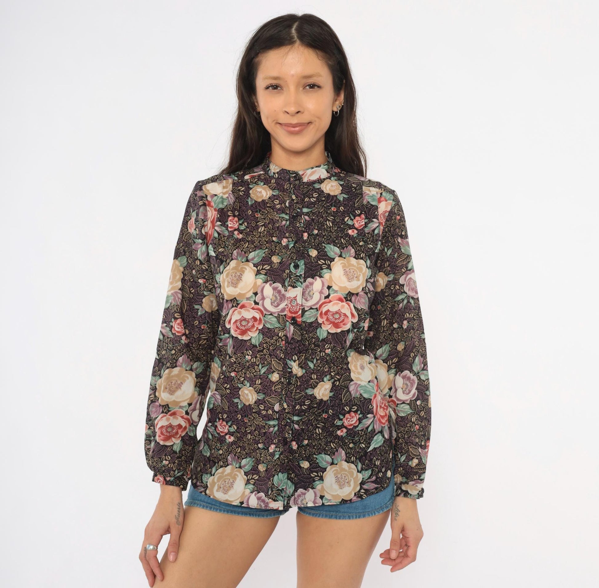 80s Elles Belles Floral Blouse Puff Shoulder Rose Print Plum Medium