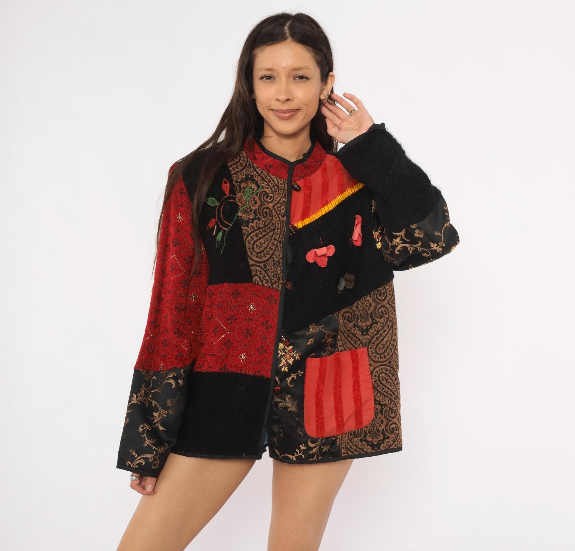 2000s Julia Kin Patchwork Embroidered Jacket Black Red Mandarin Collar Extra Large XL