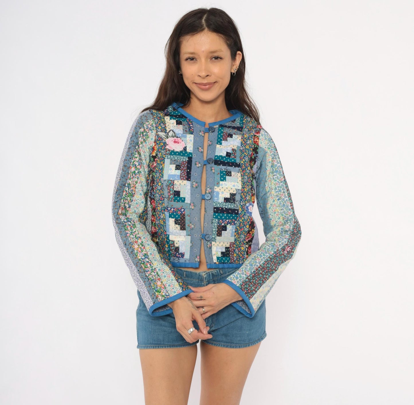 90s Calico Patchwork Quilted Jacket Log Cabin Floral Cotton Blue Navy Extra Small XS
