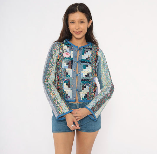 90s Calico Patchwork Quilted Jacket Log Cabin Floral Cotton Blue Navy Extra Small XS