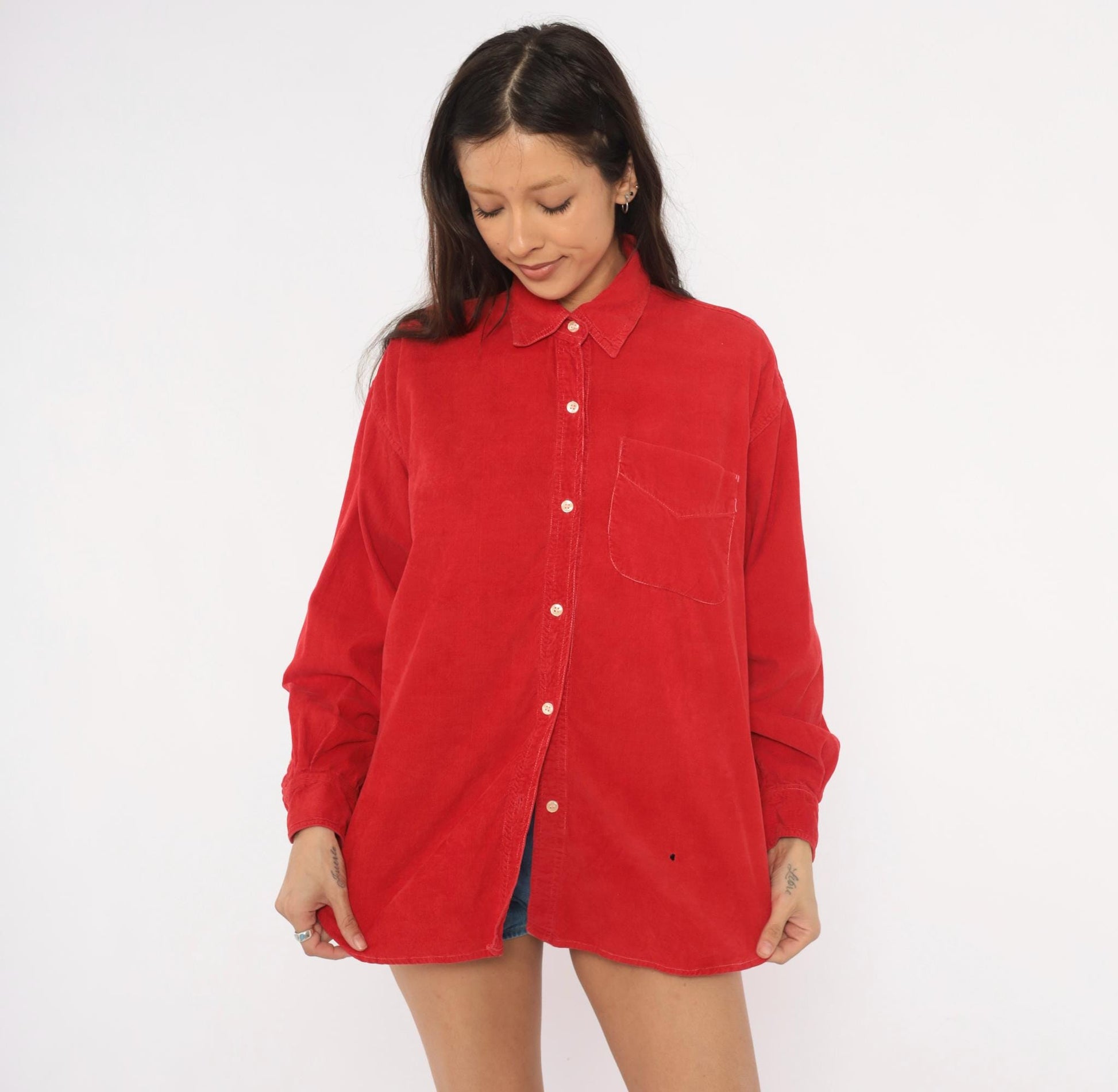 90s 2 of Us Red Corduroy Button-Front Shirt Cotton Long Sleeve Medium M