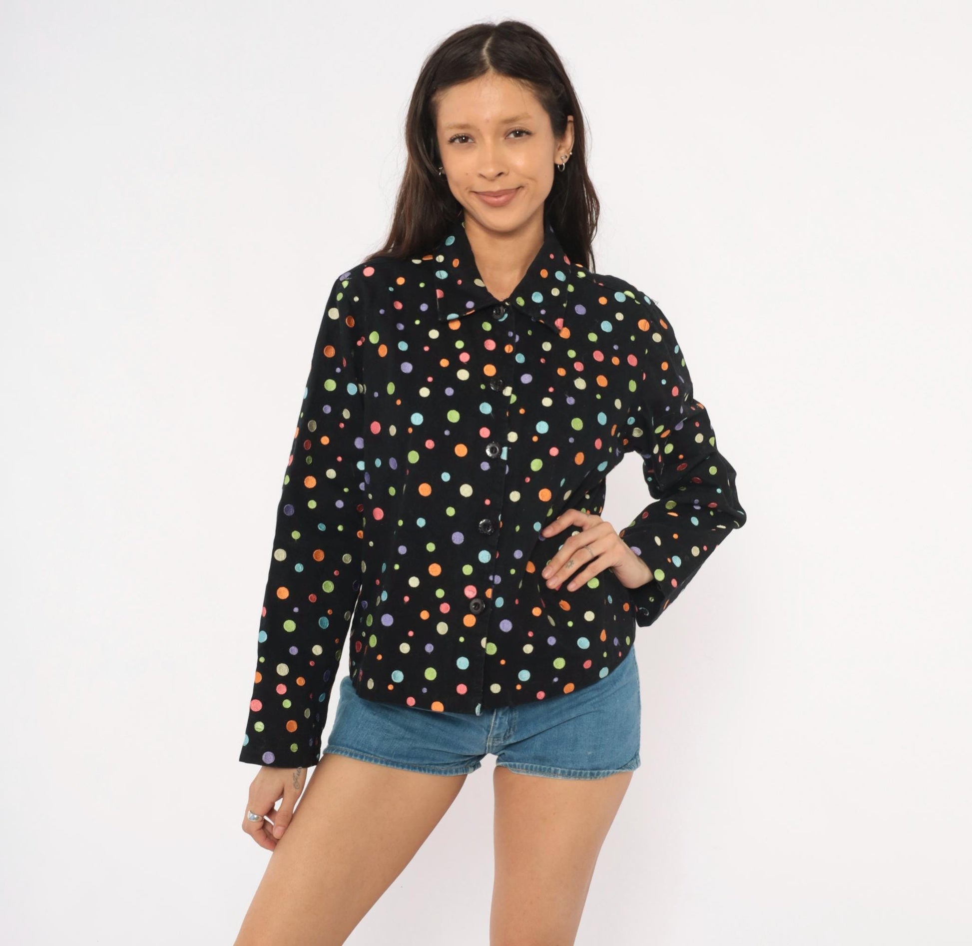2000s Carrie Allen Polka Dot Cotton Jacket Black Multicolor Button Front Cropped Extra Large