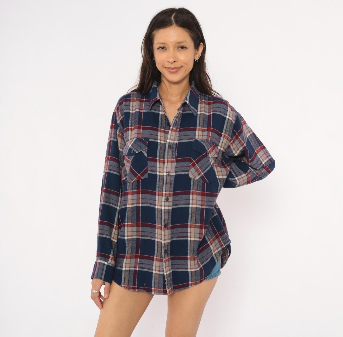 80s B.S.R. Navy Burgundy Plaid Flannel Shirt Point Collar Large L