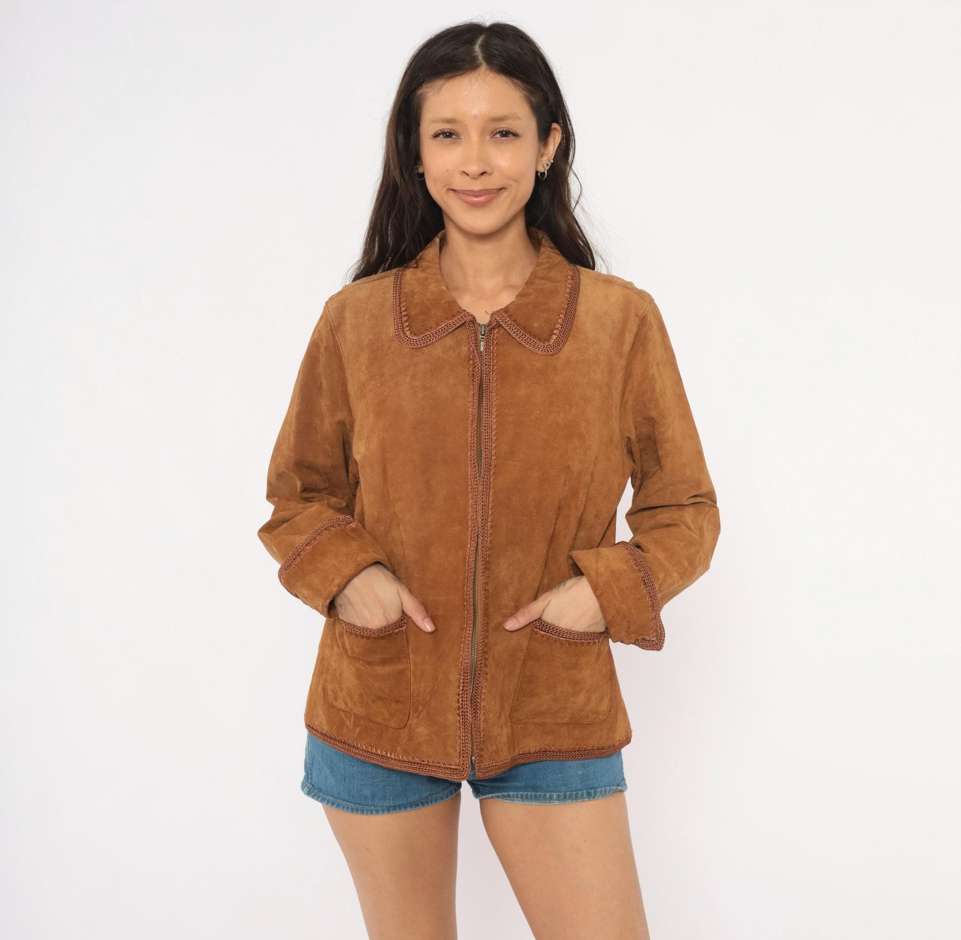 2000s Christopher & Banks Suede Jacket Brown Crochet Trim Zip Collared Large L