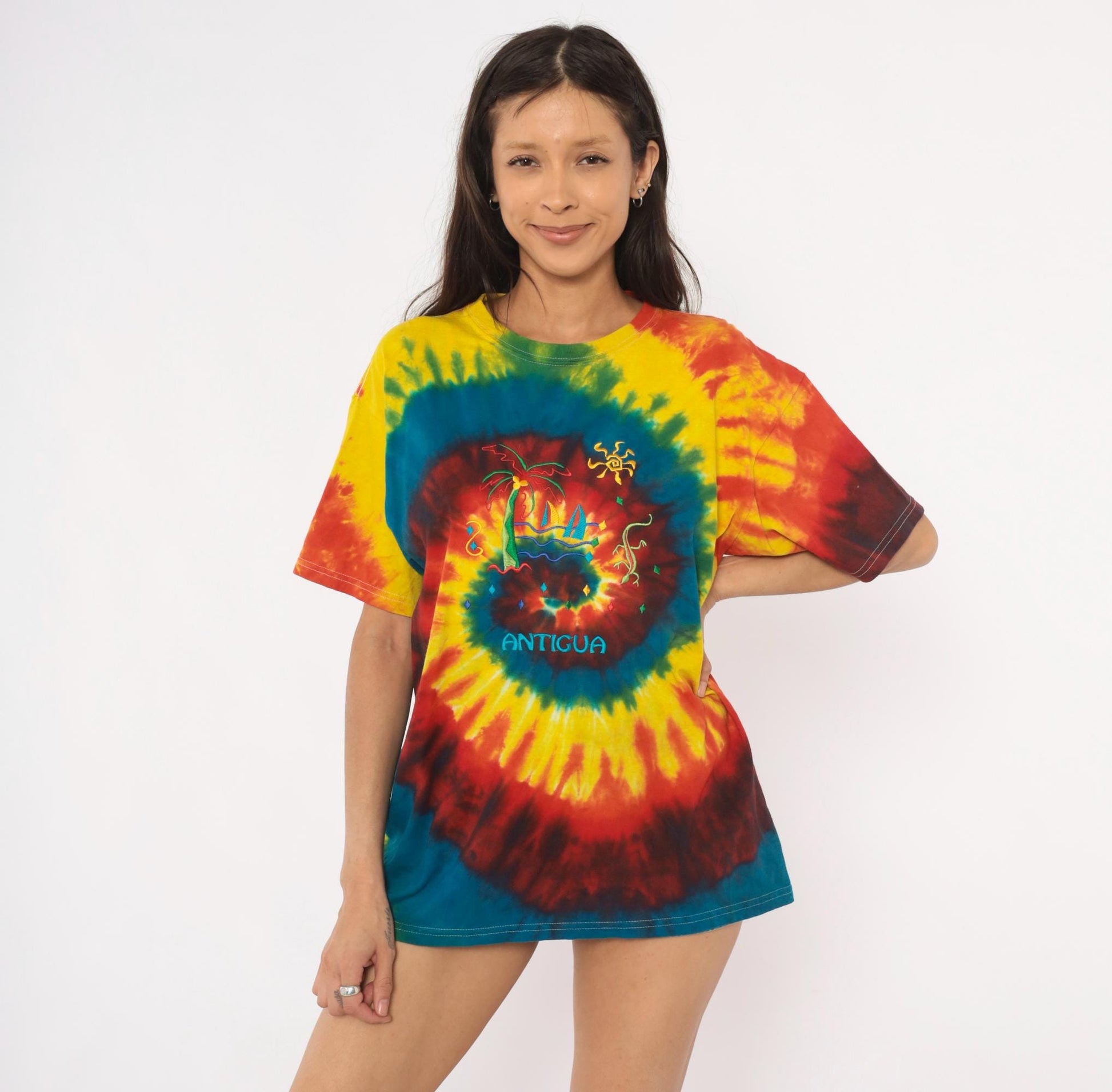 2000s Anvil Tie Dye Antigua Embroidered Tropical Tee Large L