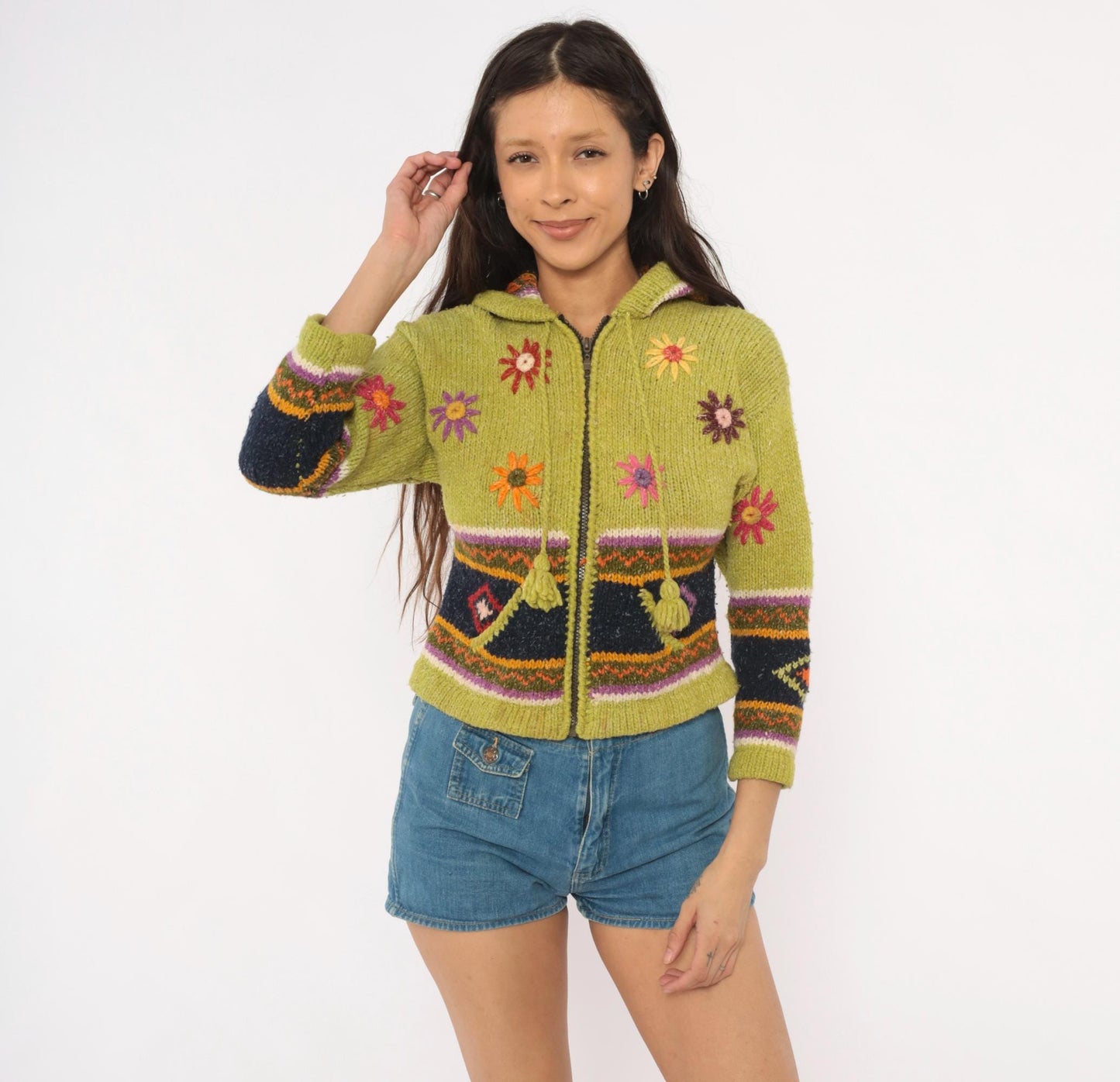 2000s Olive Wool Cropped Hooded Zip Sweater Embroidered Floral Knit XXS