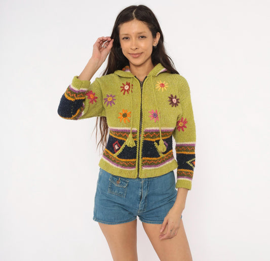 2000s Olive Wool Cropped Hooded Zip Sweater Embroidered Floral Knit XXS