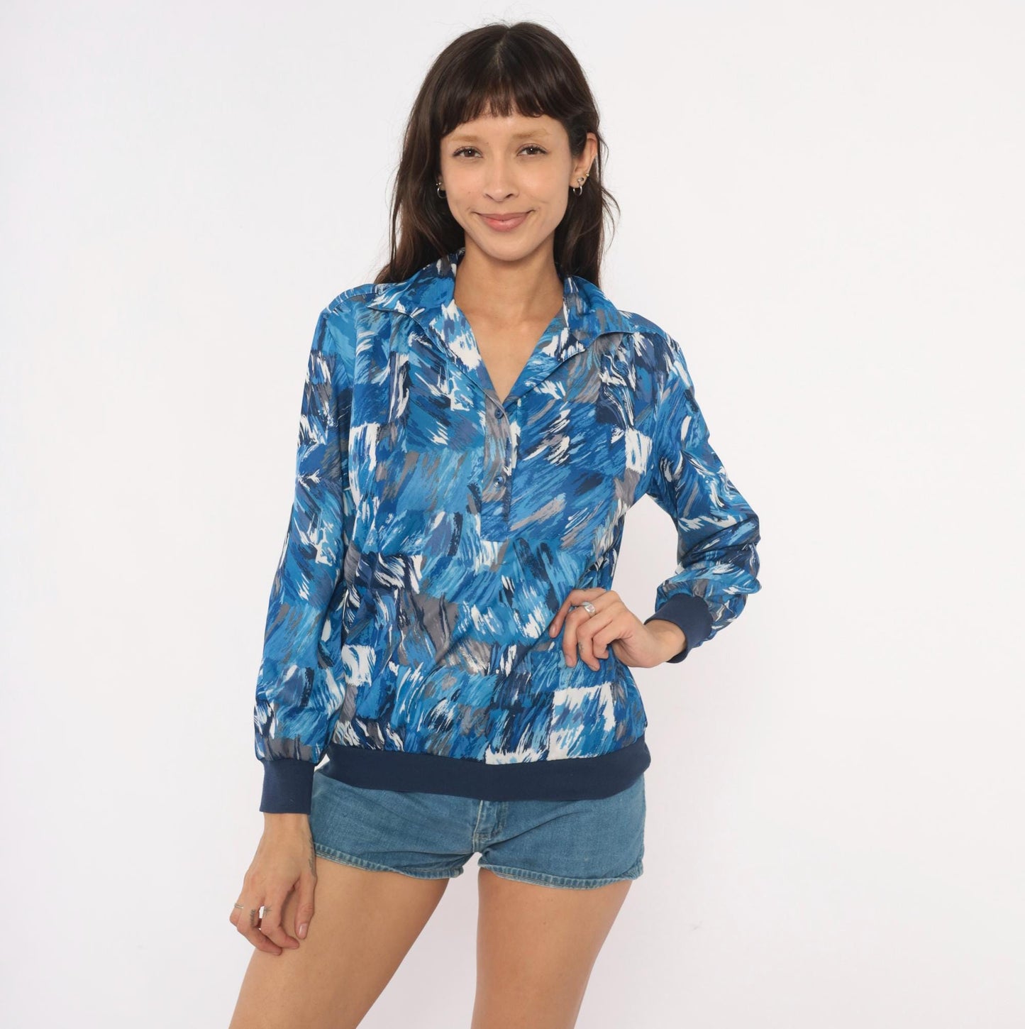 70s Abstract Brushstroke Blouse Cobalt Navy Grey Collared V-Neck Medium