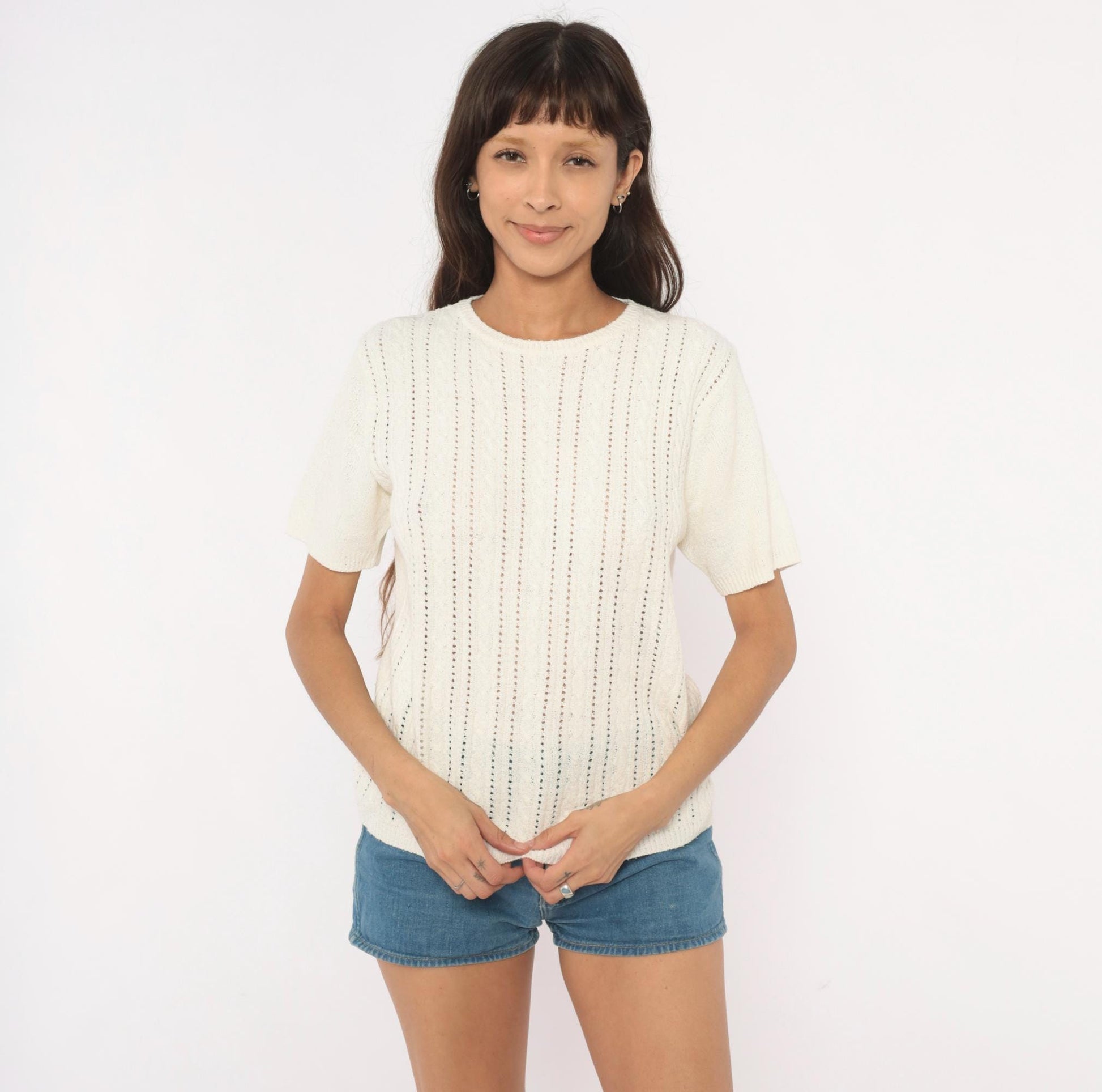 80s Pointelle Cable Knit Pullover Cream Short Sleeve Scoop Neck Large L