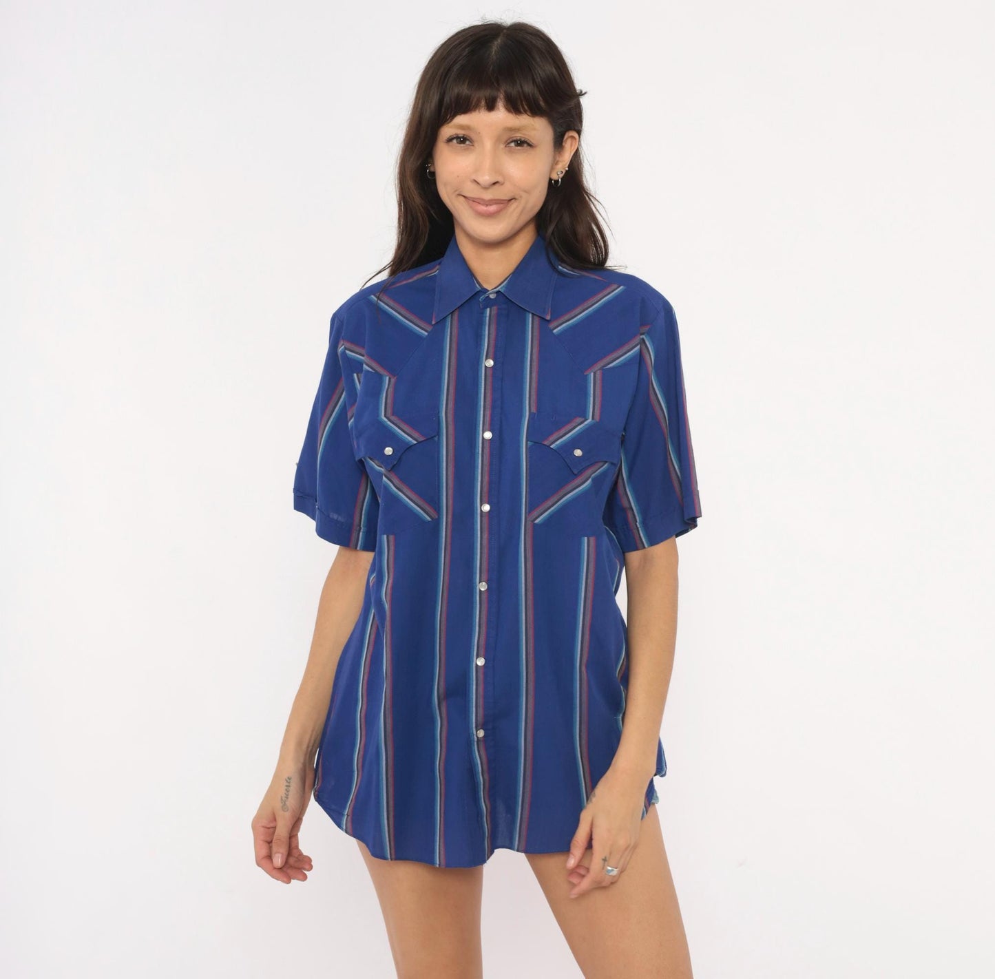 90s Ely Cattleman Western Snap Shirt Cobalt Blue Striped Pearl Button Medium M