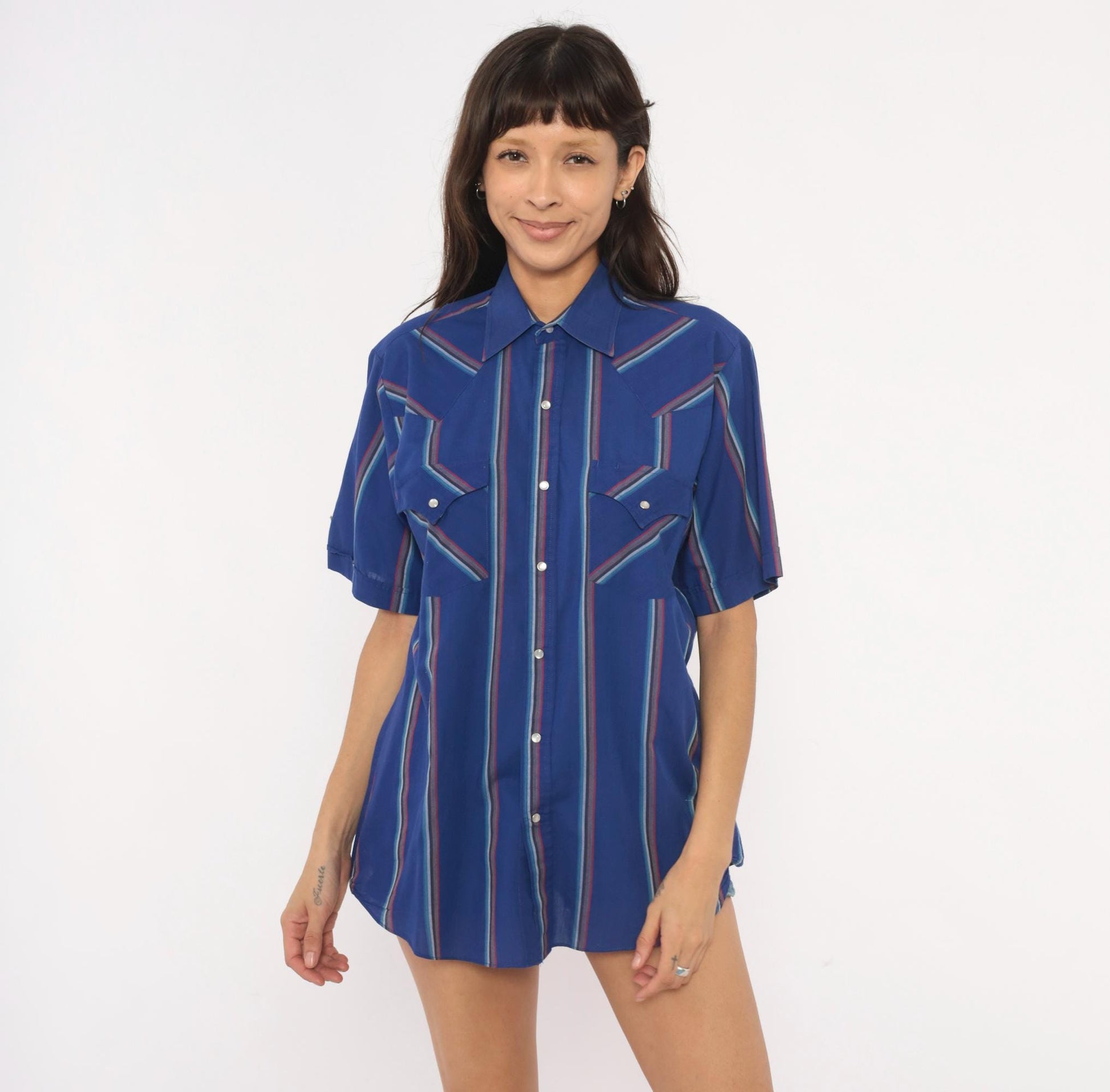 90s Ely Cattleman Western Snap Shirt Cobalt Blue Striped Pearl Button Medium M