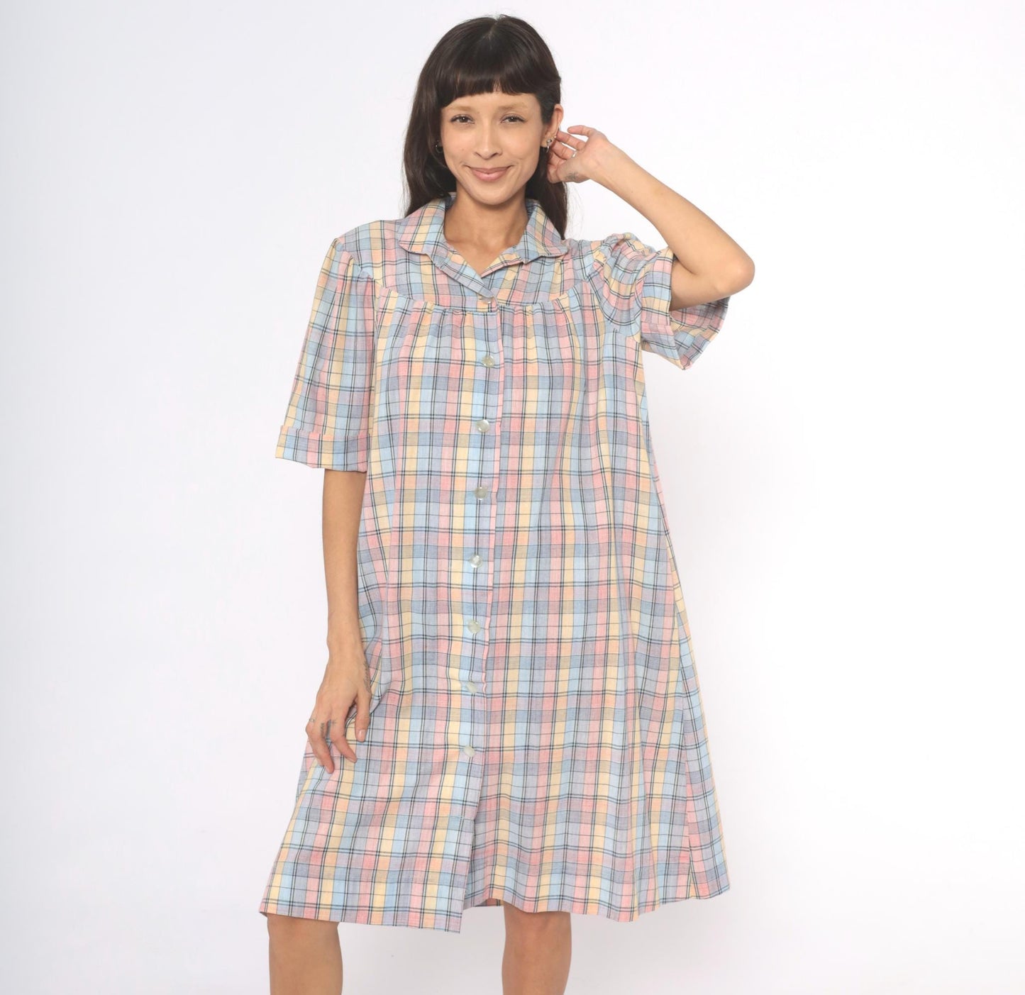 80s Pastel Plaid Cotton Shirt Dress Knee-Length Collared Housecoat Large