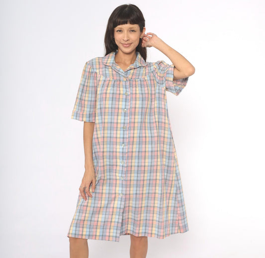 80s Pastel Plaid Cotton Shirt Dress Knee-Length Collared Housecoat Large